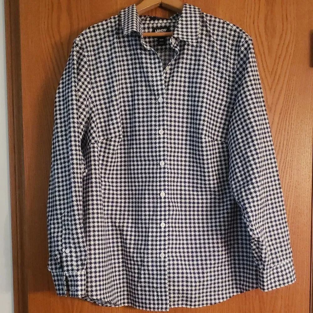 Very Nice Lands' End White Navy Blue Checkered Button-Up Blouse Sz 18W